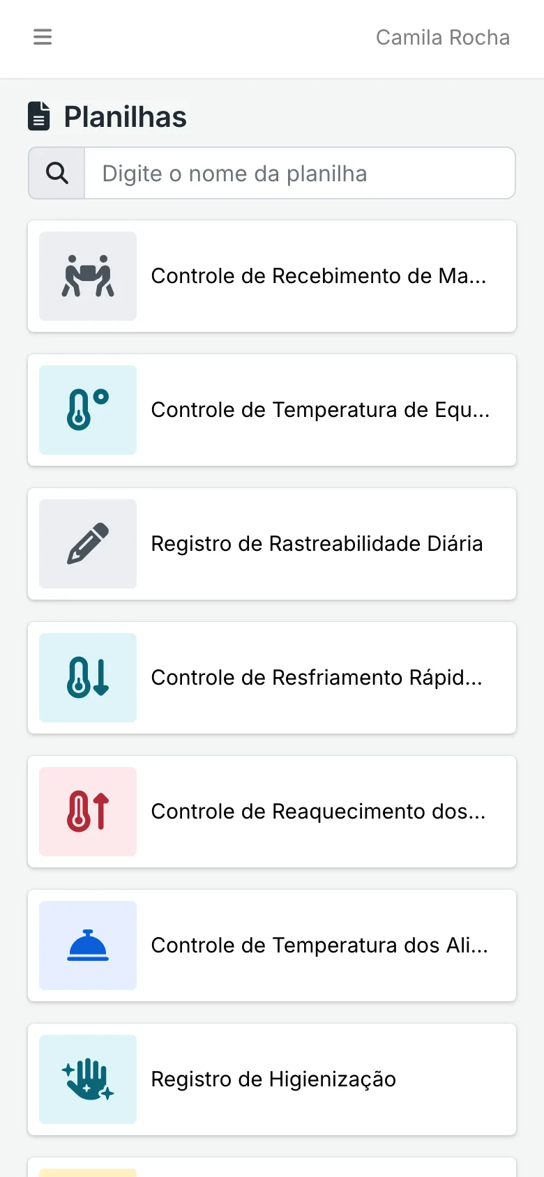 Lista de planilhas no celular, com busca pelo nome: recebimento de matéria-prima, temperatura de equipamentos, rastreabilidade, resfriamento, reaquecimento e outras