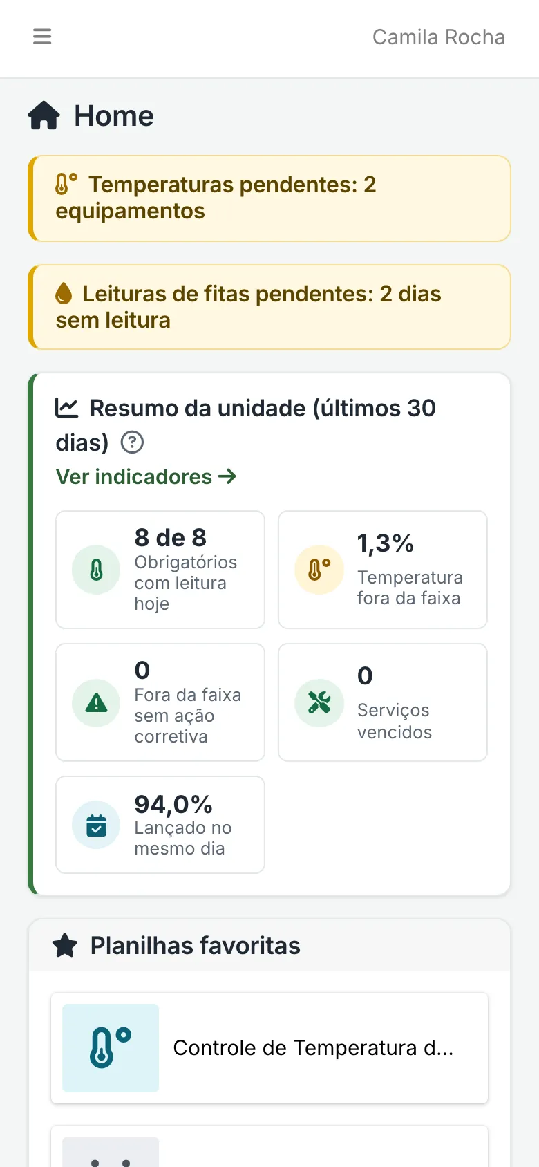 HelpDiet no celular: a home da unidade com as temperaturas pendentes, a leitura de fita pendente e o resumo dos últimos 30 dias