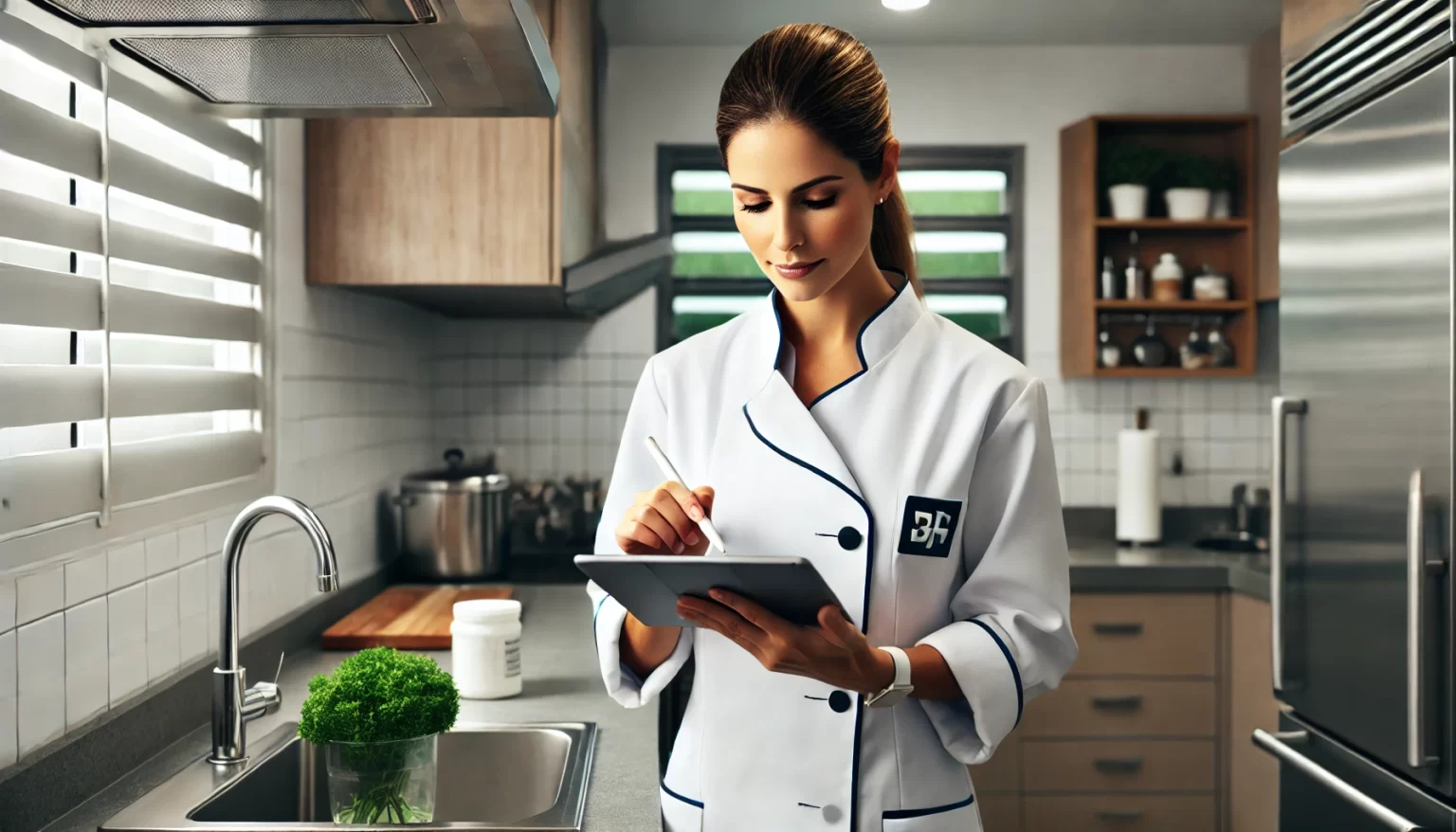 Nutricionista preenchendo uma planilha digital em um tablet em uma cozinha profissional